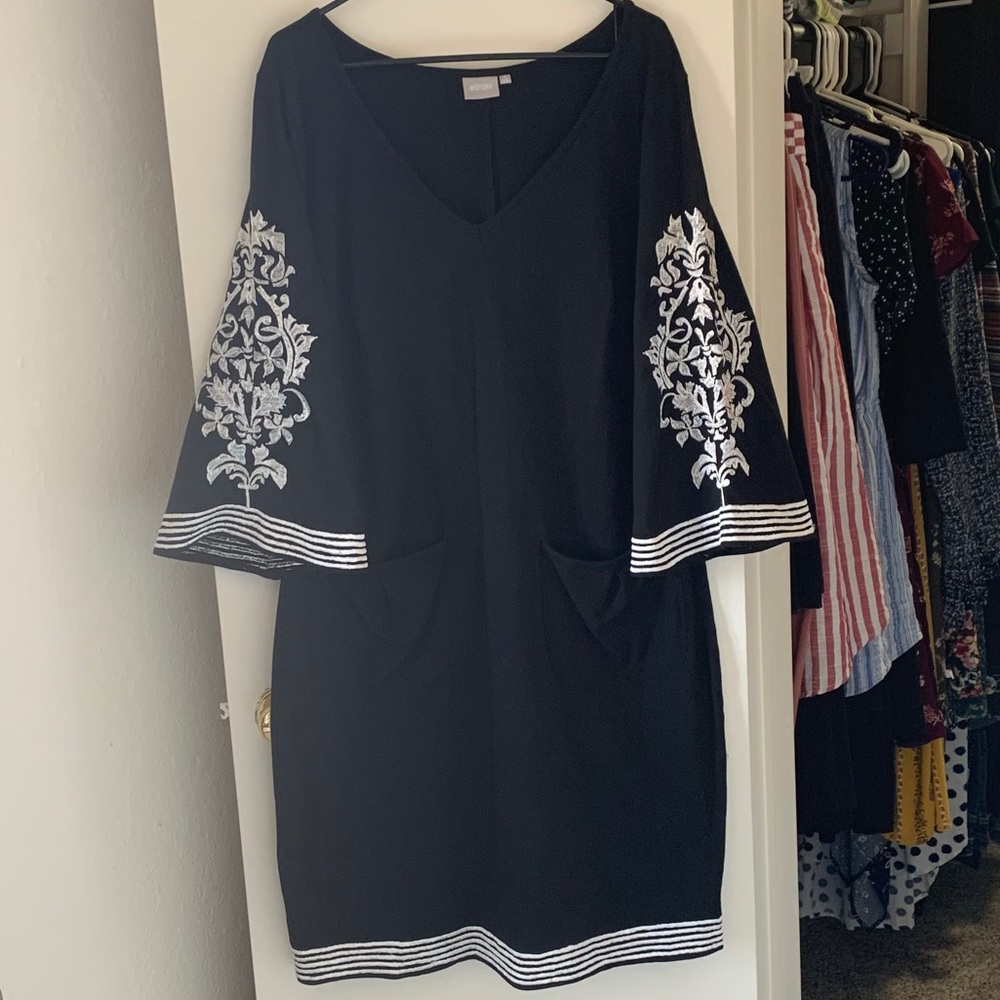 eShakti Dress with Embroidered Bell Sleeves